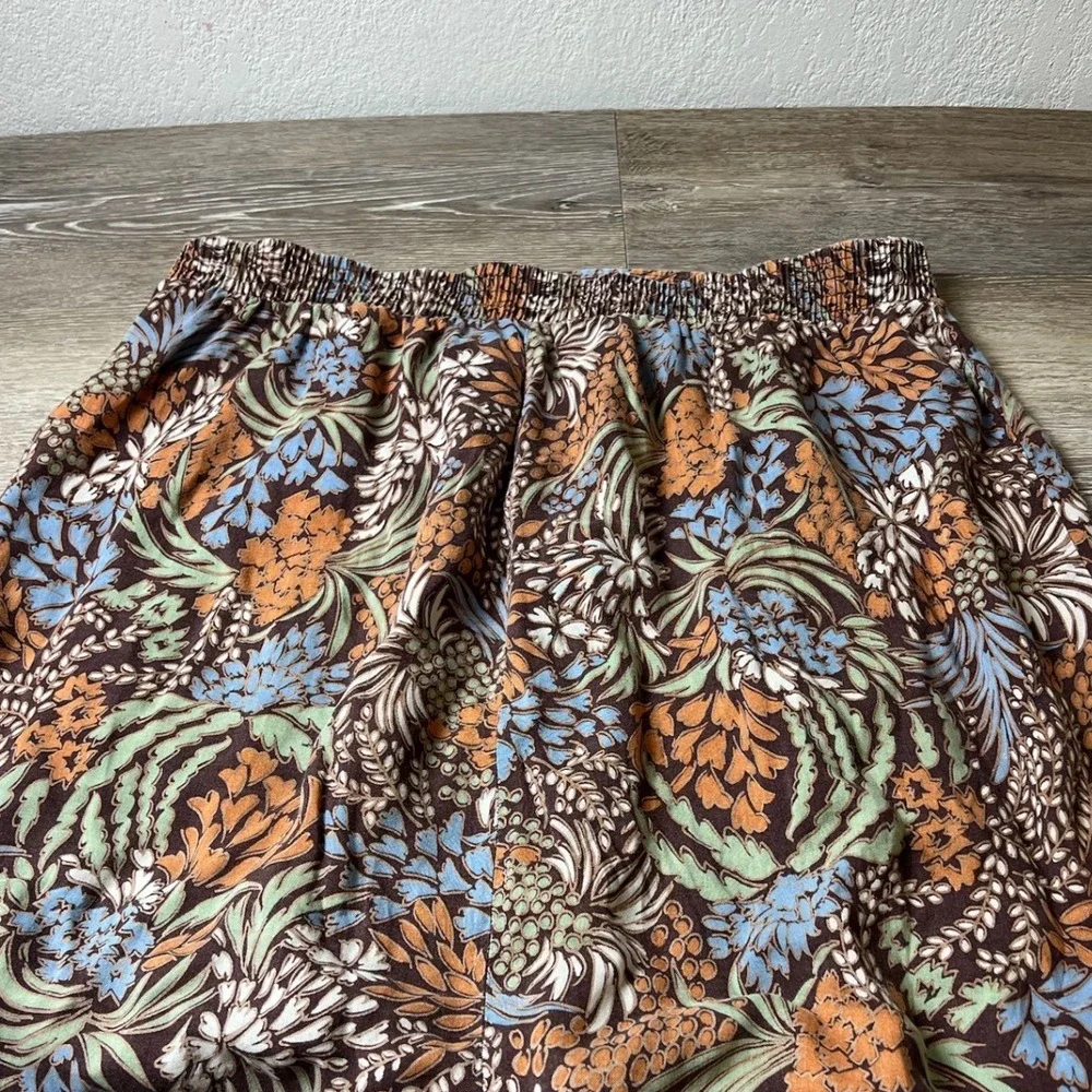 Handmade Floral Maxi Skirt Womens M Brown Orange Smocked Elastic Waist Boho